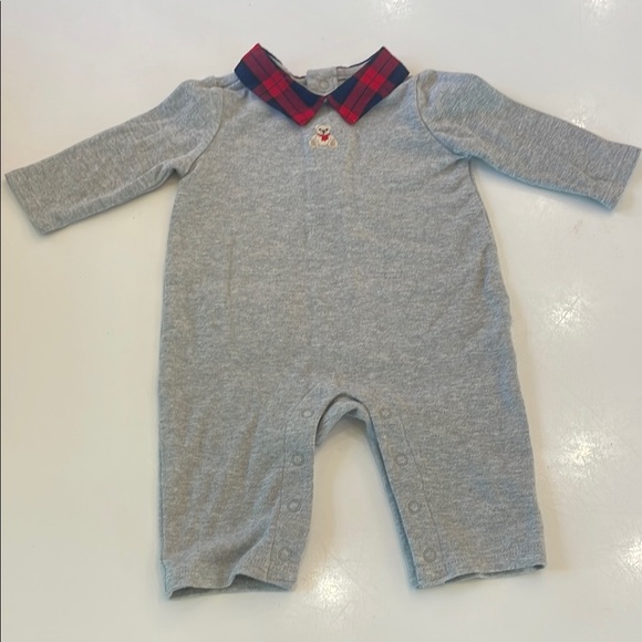 Janie and Jack Gray Coverall with Red Plaid Collar - Picture 1 of 7